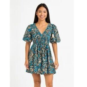 Sincerely Jules Teal Floral Puff-Sleeve Mini Dress